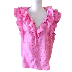 LOFT Blouse Top Medium Pink Floral Garden Ruffle Tie Neck Shell Cap Sleeve Tank.
